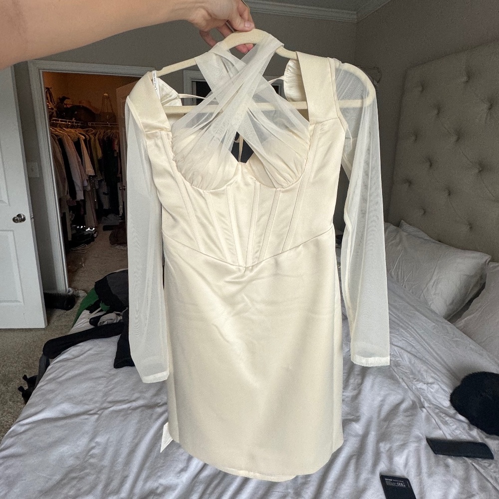 Miss Circle, cream Mesh sleeve satin corset dress, size L